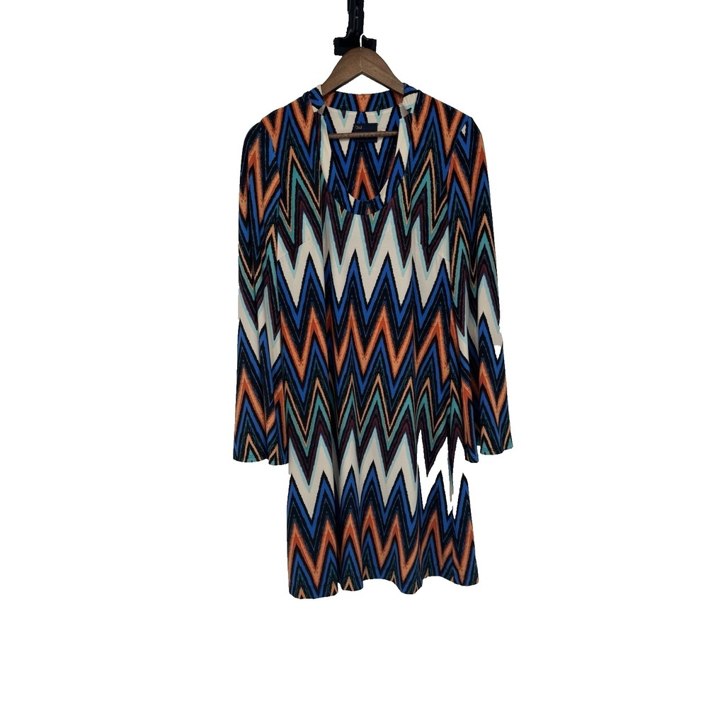 Just TAYLOR Blue Orange Geometric Stretch Bell Sleeve Shift‎ Dress Artsy 10